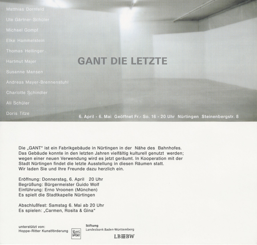 Einladungskarte: GANT DIE LETZTE • Ausstellung in der GANT in Kooperation mit der Stadt Nürtingen