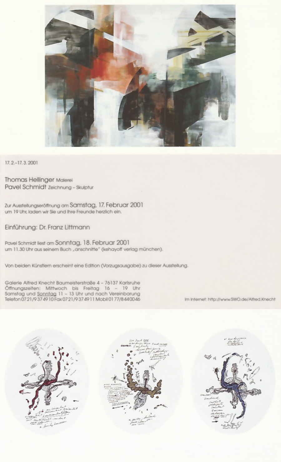 Einladungskarten: Thomas Hellinger - Malerei,  Pavel Schmidt - Zeichnung - Skulptur • Galerie Alfred Knecht, Karlsruhe • 2001