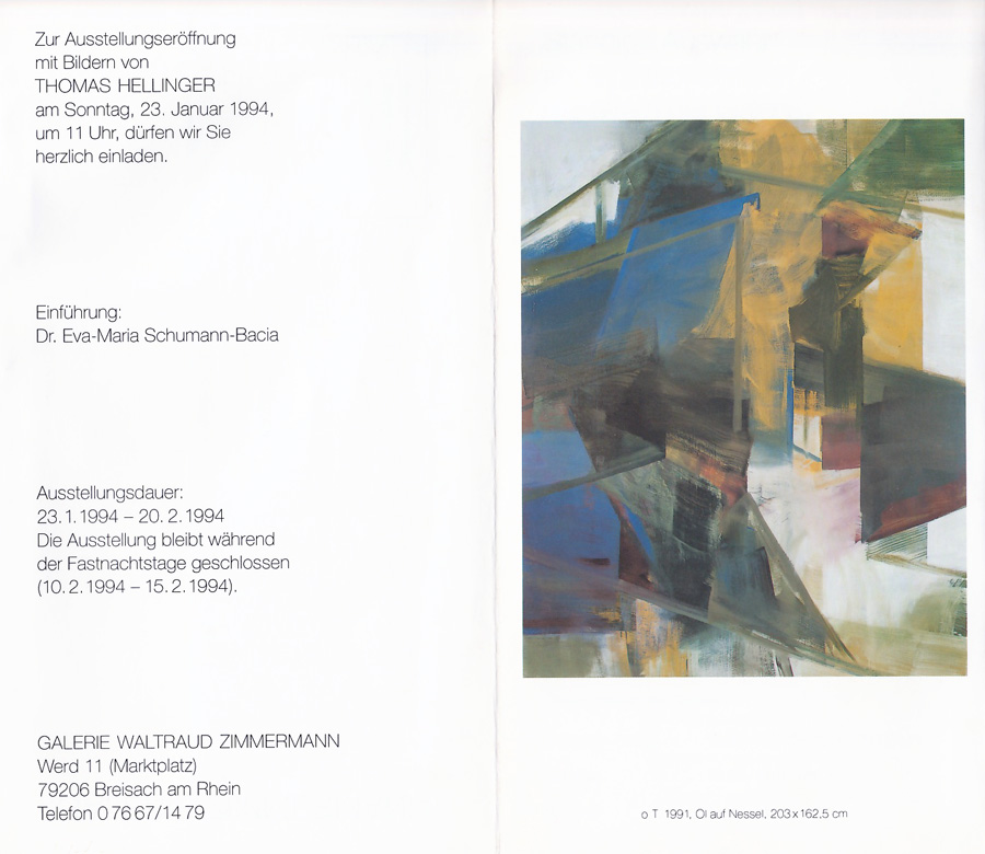 Einladungskarte: Bilder von Thomas Hellinger • Galerie Waltraud Zimmermann, Breisach am Rhein • 1994